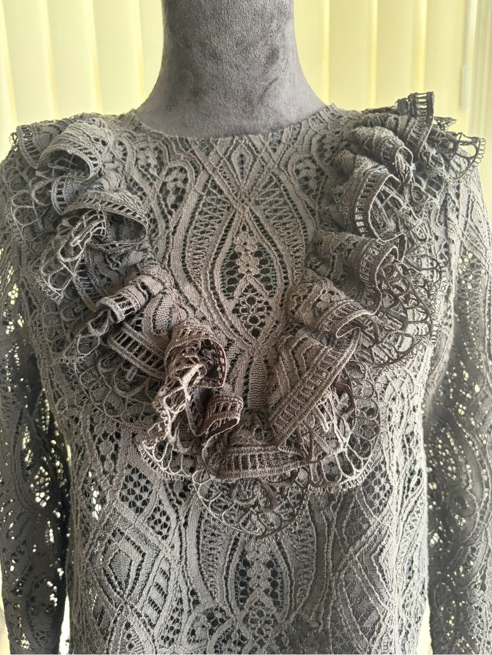 ZARA Gothic Black Guipure Lace Ruffle Neckline Long Sleeve Blouse XS